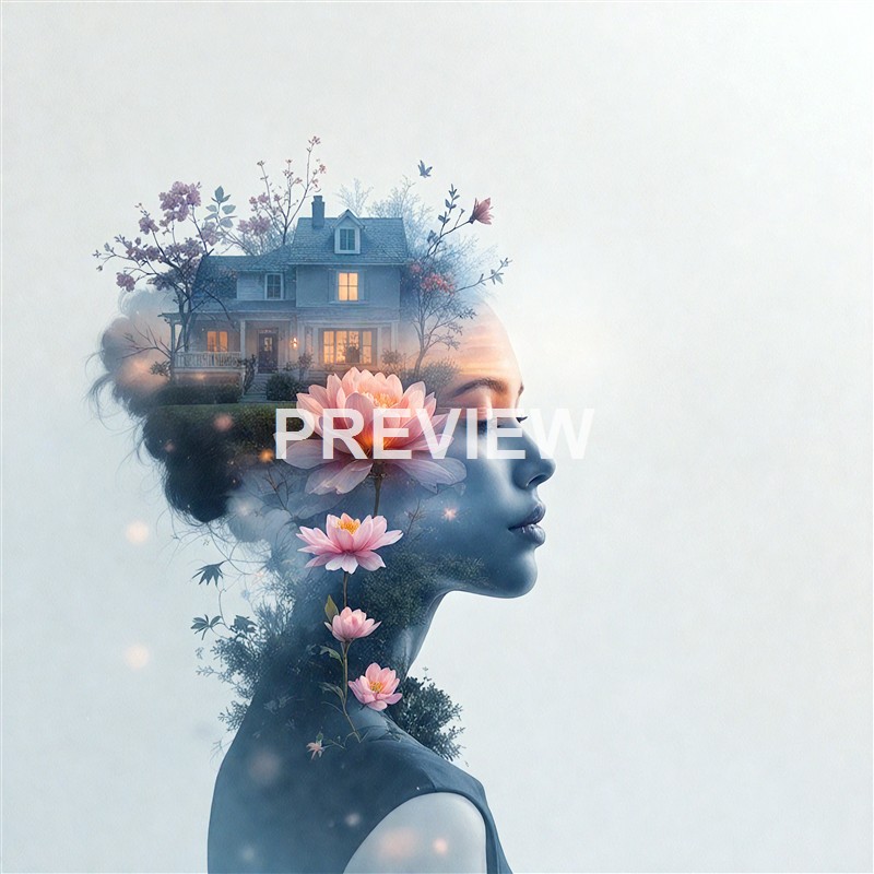 A double-exposure style image combining the profile of a woman with a serene house, blooming flowers, and trees blending into her silhouette.